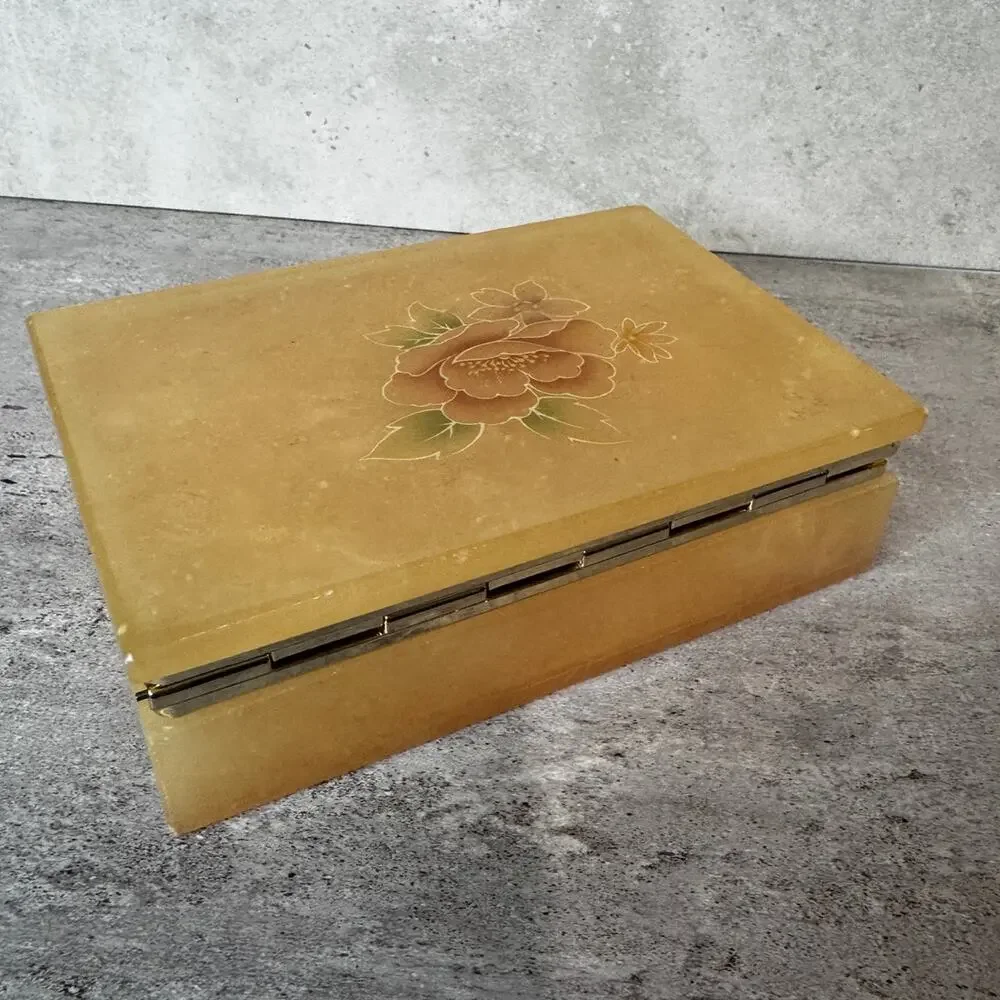 VTG Hinged Trinket Jewelry Box Roses Floral Alabaster Himark Giftware Made Italy
